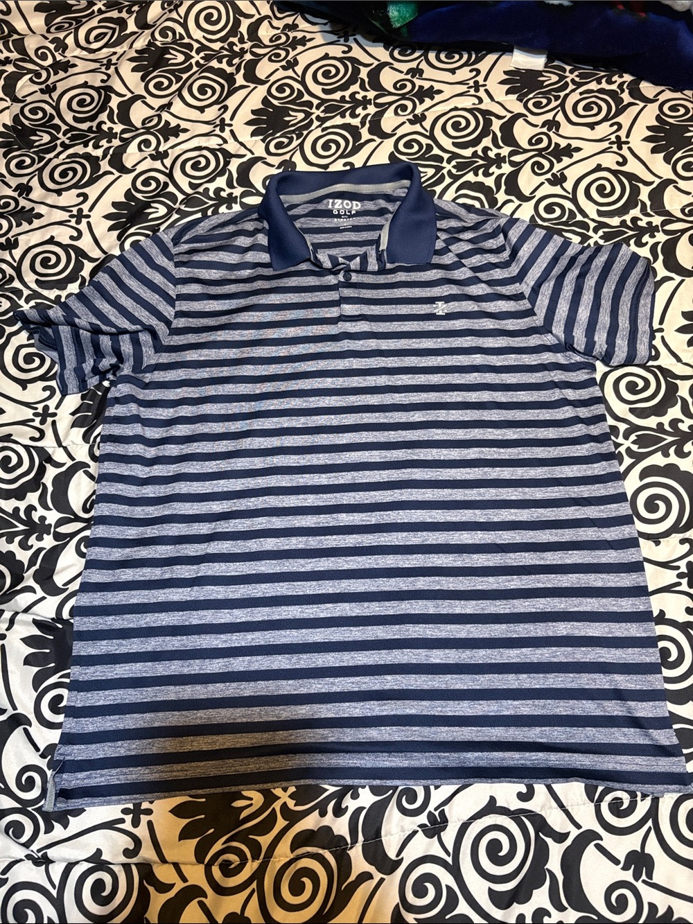Izod Men's Navy and Light Blue Striped Polo